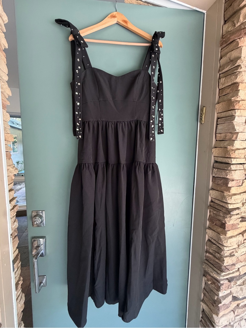 Black Tie-Shoulder Tiered Maxi Dress, Embellishing
